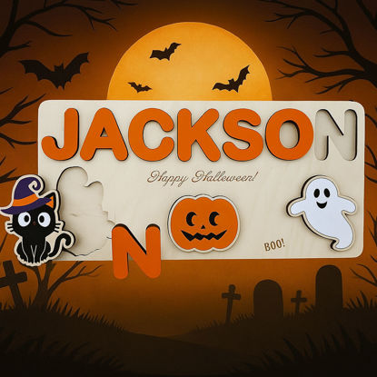 Picture of Personalized Wooden Puzzle Name Board - Halloween Theme - Orange Lettering Style - Halloween Baby Toddler Gift