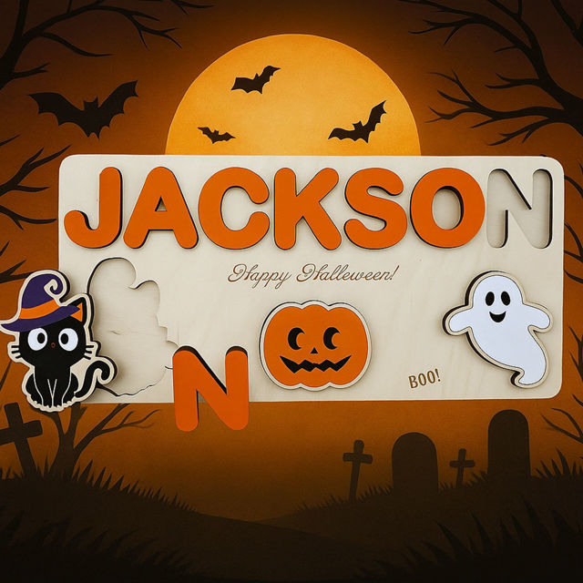 Picture of Personalized Wooden Puzzle Name Board - Halloween Theme - Orange Lettering Style - Halloween Baby Toddler Gift
