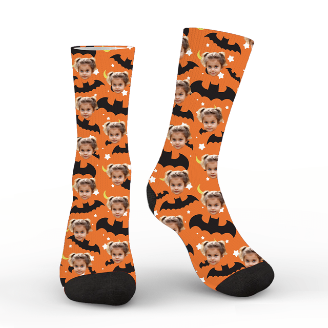 Picture of Halloween Custom Face Socks - Bats and Stars Personalized Funny Socks - Personalized Socks for Men Women Kids