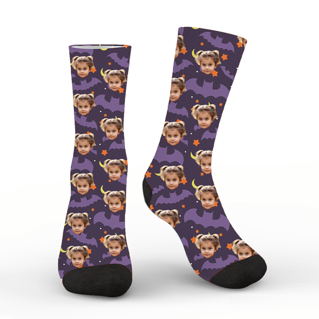 Picture of Halloween Custom Face Socks - Bats and Stars Personalized Funny Socks - Personalized Socks for Men Women Kids