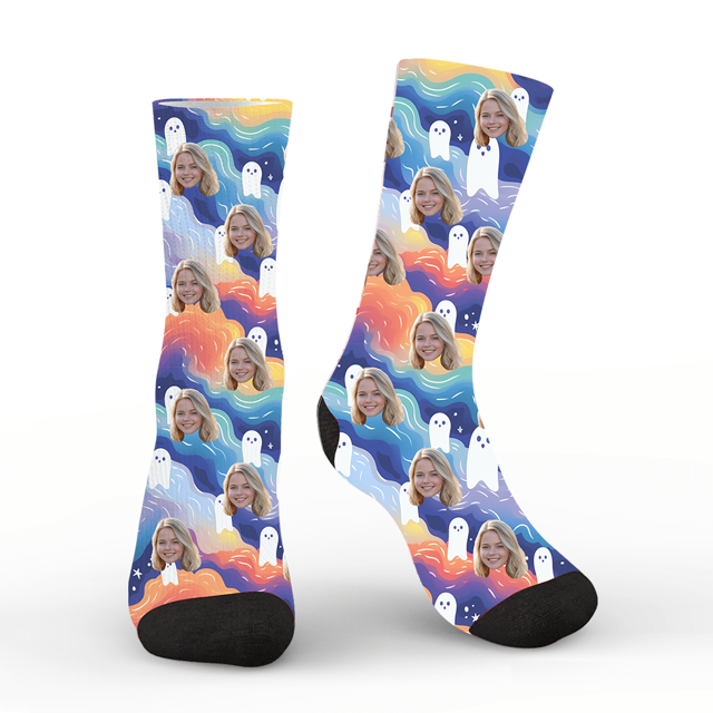 Picture of Halloween Custom Face Socks - Colorful Sky Ghost - Personalized Socks for Men Women Kids