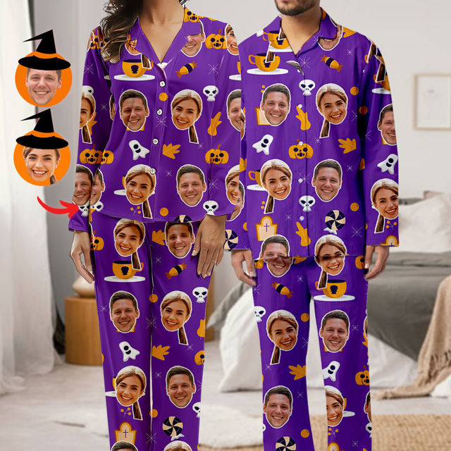 Picture of Halloween Themed Custom Pajamas - Personalized Face Long Sleeve Pajama Set - Purple Halloween Style
