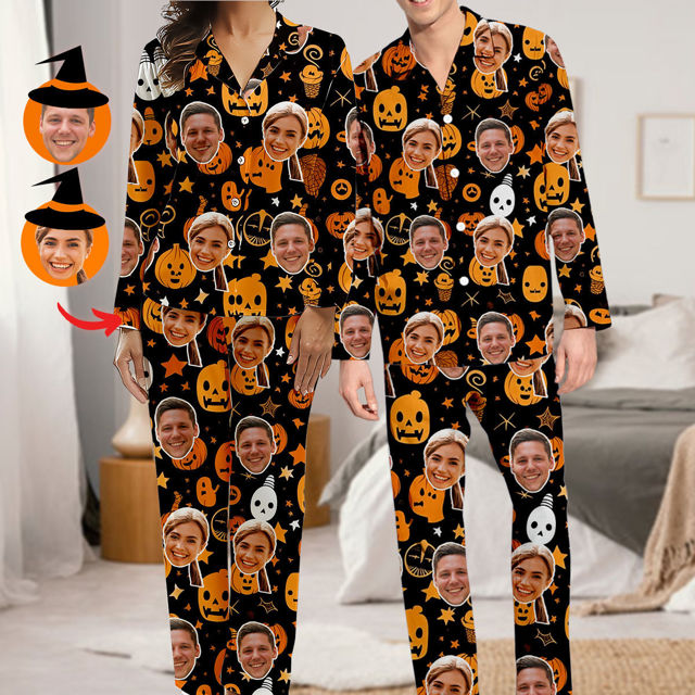 Picture of Halloween Themed Custom Pajamas - Personalized Face Long Sleeve Pajama Set - Pumpkin Face Theme