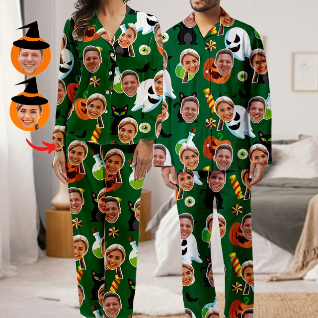 Picture of Halloween Theme Custom Pajamas - Personalized Face Long Sleeve Pajama Set - Green Pumpkin Ghost Theme