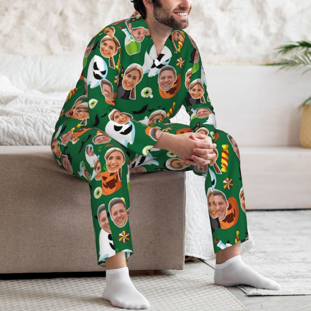 Picture of Halloween Theme Custom Pajamas - Personalized Face Long Sleeve Pajama Set - Green Pumpkin Ghost Theme