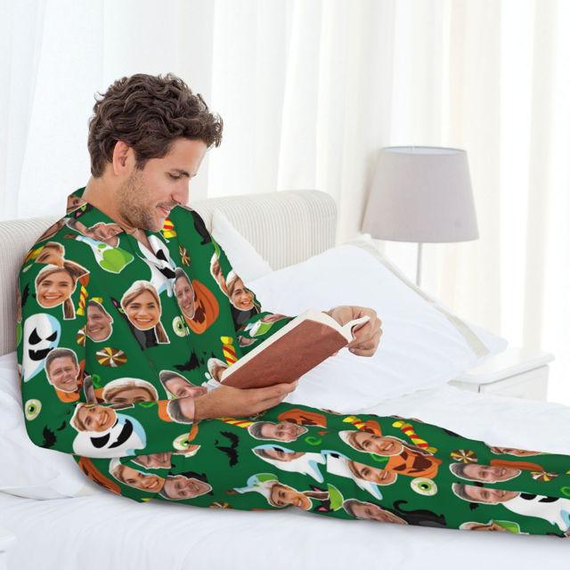 Picture of Halloween Theme Custom Pajamas - Personalized Face Long Sleeve Pajama Set - Green Pumpkin Ghost Theme