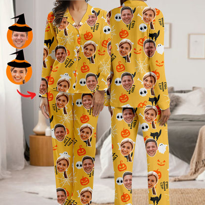 Picture of Halloween Theme Custom Pajamas - Personalized Face Long Sleeve Pajama Set - Yellow Pumpkin Ghost Theme