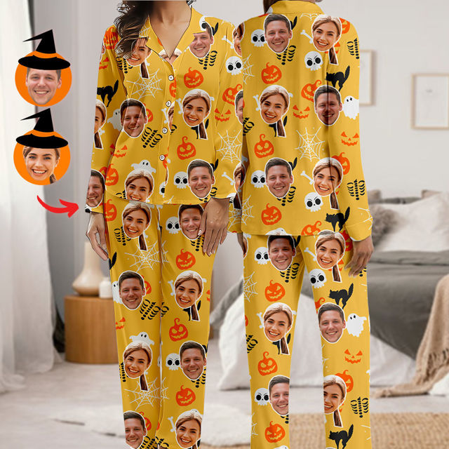 Picture of Halloween Theme Custom Pajamas - Personalized Face Long Sleeve Pajama Set - Yellow Pumpkin Ghost Theme