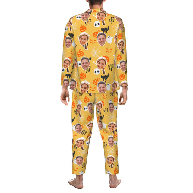 Picture of Halloween Theme Custom Pajamas - Personalized Face Long Sleeve Pajama Set - Yellow Pumpkin Ghost Theme
