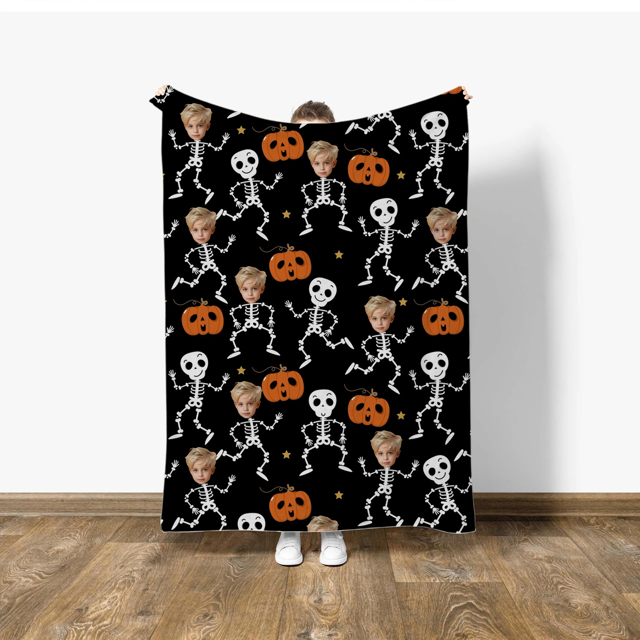 Picture of Halloween Custom Face Blanket - Funny Dancing Skeleton Pumpkin Personalized Blanket