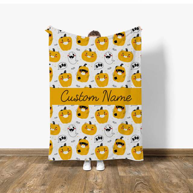 Picture of Halloween Custom Face Blanket - Personalized Blanket - Yellow Funny Pumpkins