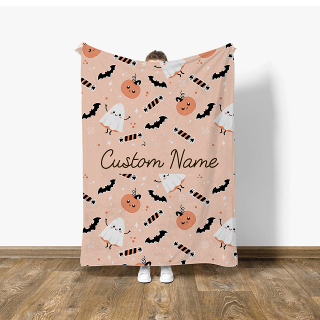 Picture of Halloween Custom Face Blanket - Personalized Blanket - Kawaii Cute Ghost and Pumpkin