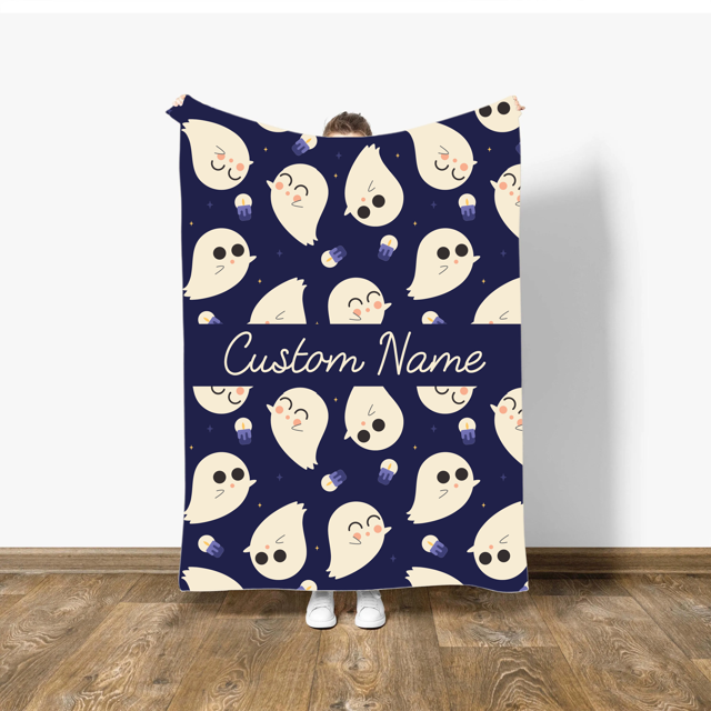 Picture of Halloween Custom Text Blanket - Personalized Blanket - Blue Kawaii Cute Ghost