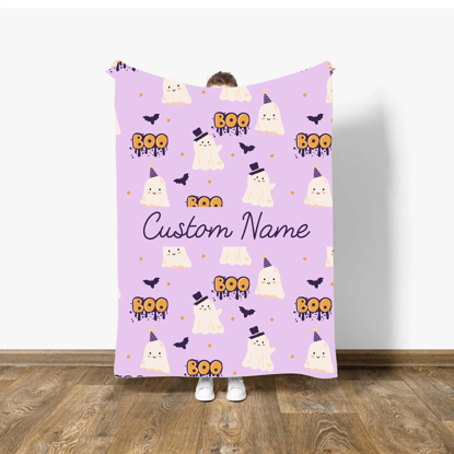 Picture of Halloween Custom Text Blanket - Personalized Blanket - Purple Kawaii Cute Ghost