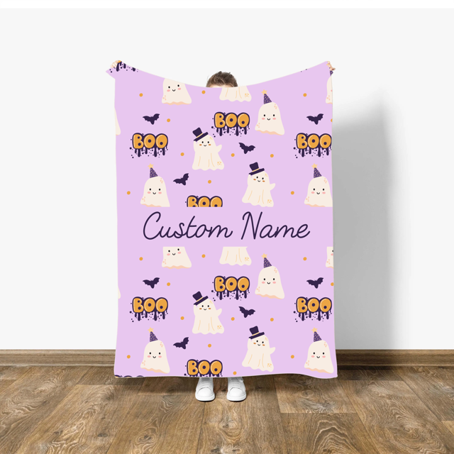Picture of Halloween Custom Text Blanket - Personalized Blanket - Purple Kawaii Cute Ghost