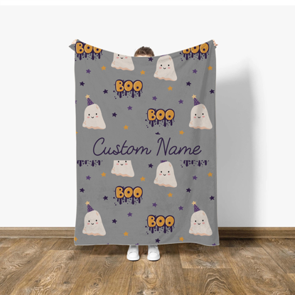 Picture of Halloween Custom Text Blanket - Personalized Blanket - Grey Kawaii Cute Ghost