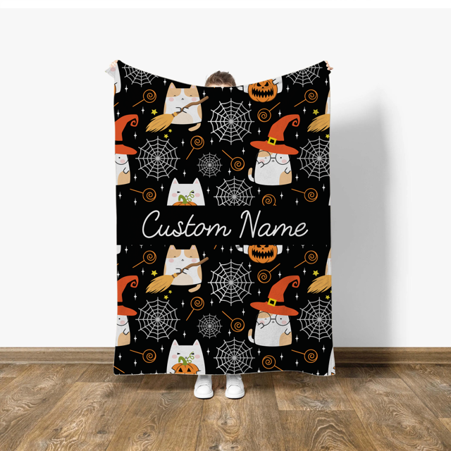 Picture of Halloween Custom Text Blanket - Personalized Blanket - Black Halloween Cat
