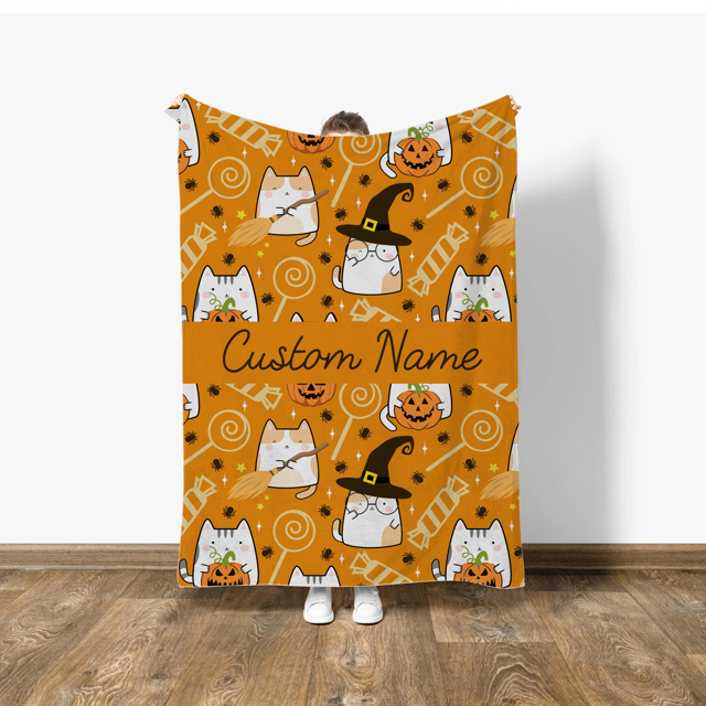 Picture of Halloween Custom Text Blanket - Personalized Blanket - Orange Halloween Cat