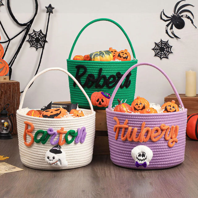 Picture of Custom Embroidered Halloween Candy Basket - Trick or Treat - Halloween Basket for Kids