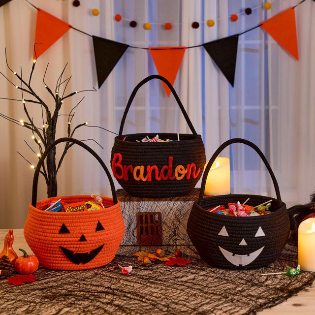 Picture of Personalized Halloween Trick or Treat Basket for Kids - Custom Embroidered Halloween Candy Basket