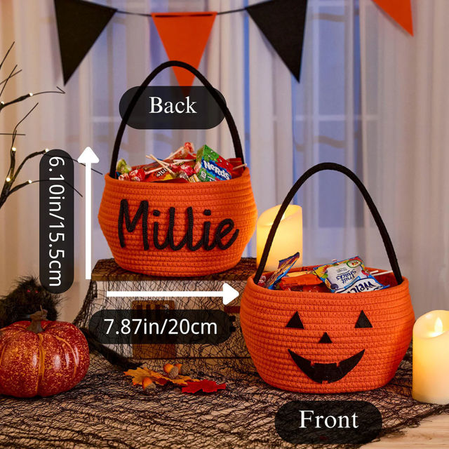 Picture of Personalized Halloween Trick or Treat Basket for Kids - Custom Embroidered Halloween Candy Basket