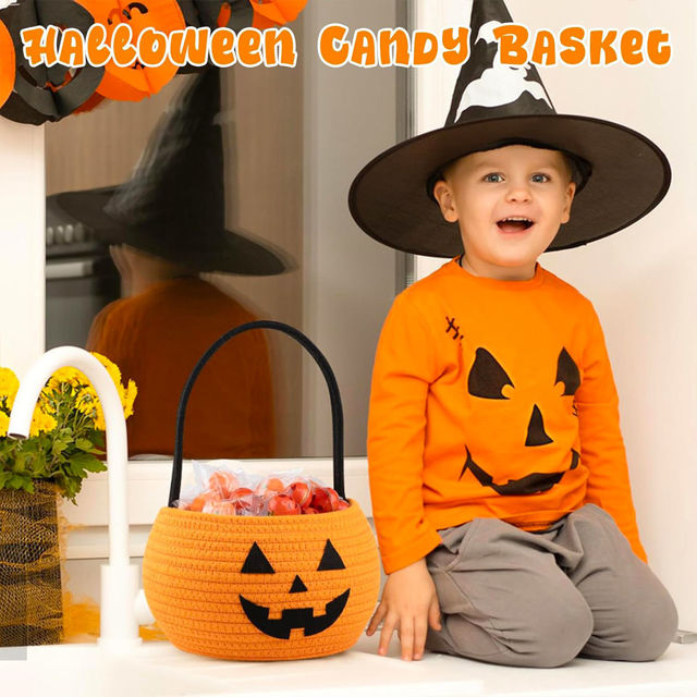 Picture of Personalized Halloween Trick or Treat Basket for Kids - Custom Embroidered Halloween Candy Basket