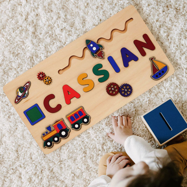 Picture of Personalized Wooden Name Puzzle Board - Custom Gift for Baby and Kids - Rainbow Color Train Series - Gift for Baby Boys and Girls