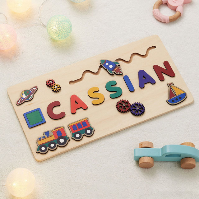 Picture of Personalized Wooden Name Puzzle Board - Custom Gift for Baby and Kids - Rainbow Color Train Series - Gift for Baby Boys and Girls