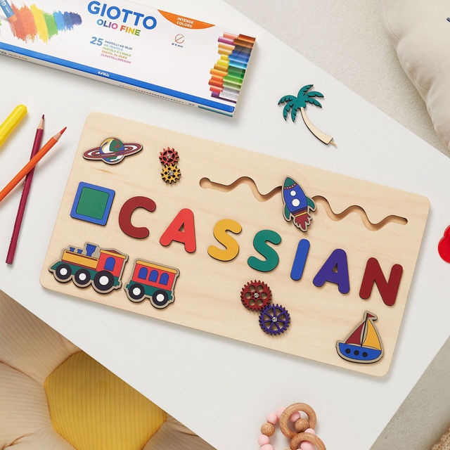Picture of Personalized Wooden Name Puzzle Board - Custom Gift for Baby and Kids - Rainbow Color Train Series - Gift for Baby Boys and Girls