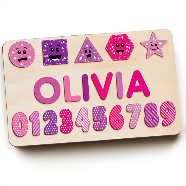 Picture of Personalized Wooden Puzzle Name Board - Graphics and Figures - Rose Red Colors - Custom Toy Gift for Baby and Kids