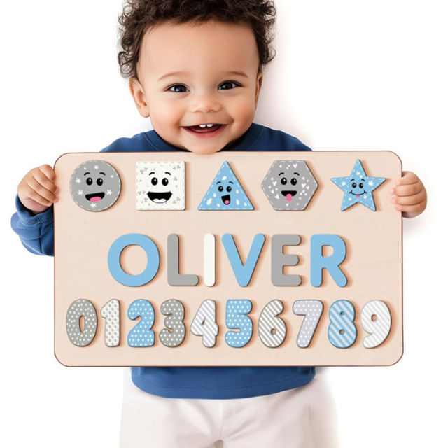 Picture of Personalized Wooden Puzzle Name Board - Graphics and Figures - Blue and Gray Colors Style - Custom Gifts for Baby Boys