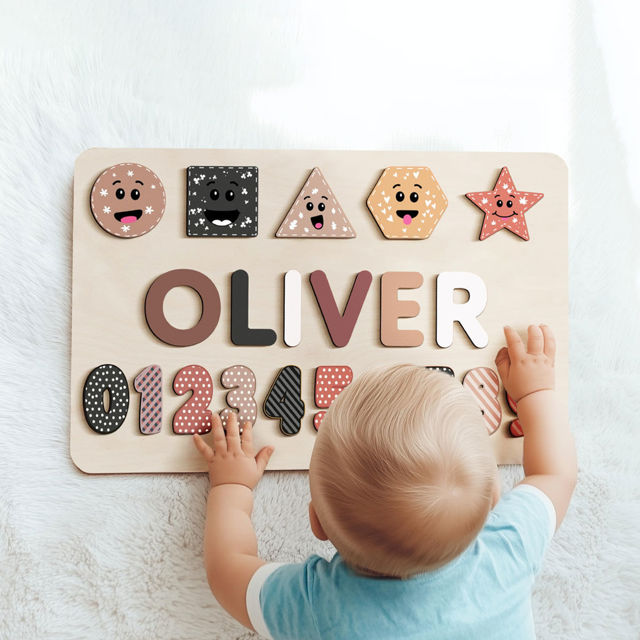 Picture of Personalized Wooden Puzzle Name Board - Graphics and Figures - Brown Colors Style - Custom Gifts for Baby Boys