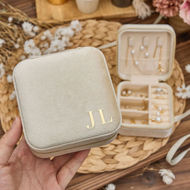 Picture of Custom Square Velvet Travel Jewelry Box - Personalized Small Travel case - Bridesmaid Gift