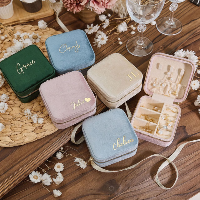 Picture of Custom Square Velvet Travel Jewelry Box - Personalized Small Travel case - Bridesmaid Gift