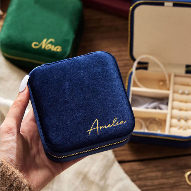 Picture of Custom Square Velvet Travel Jewelry Box - Personalized Small Travel case - Bridesmaid Gift