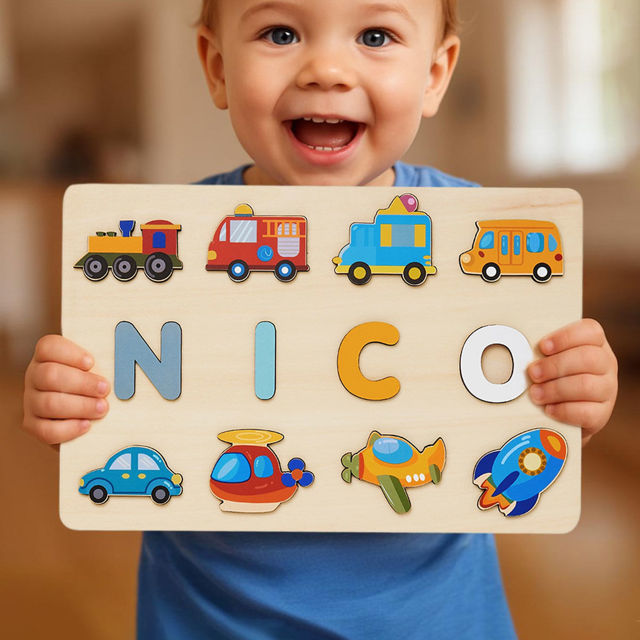 Picture of Personalized Wooden Name Puzzle - Custom Name Puzzle with Transportation - Gift for Toddlers