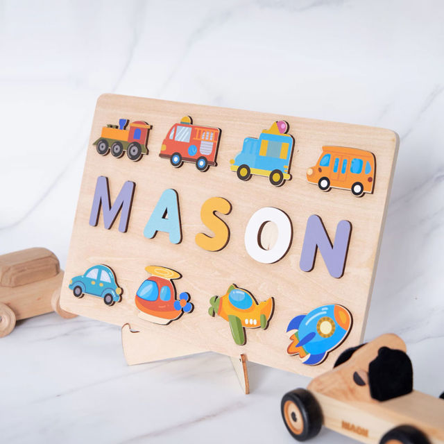 Picture of Personalized Wooden Name Puzzle - Custom Name Puzzle with Transportation - Gift for Toddlers