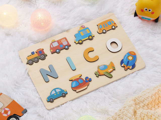 Picture of Personalized Wooden Name Puzzle - Custom Name Puzzle with Transportation - Gift for Toddlers