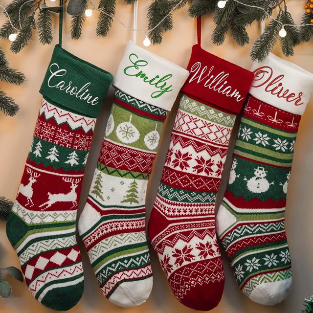 Picture of Embroidered Family Holiday Christmas Stockings - Custom Knitted Christmas Stockings - Christmas Decorations, Family Christmas Gifts, Holiday Decor