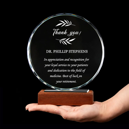 Picture of Round Crystal Award – Personalized Engraved Glass Plaques for Corporate Recognition, Employee Achievement & Retirement Gifts