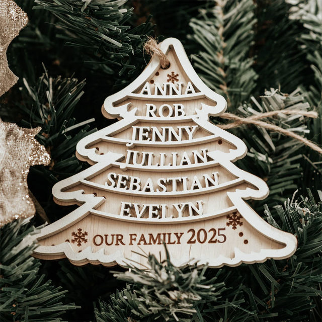 Picture of Personalized Tree Shaped Christmas Ornament - Family Christmas Ornament with Names - Wood Christmas Tree Ornament
