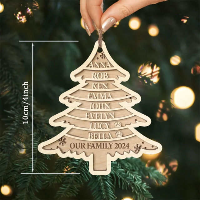Picture of Personalized Tree Shaped Christmas Ornament - Family Christmas Ornament with Names - Wood Christmas Tree Ornament