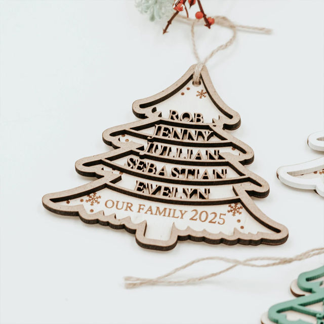 Picture of Personalized Tree Shaped Christmas Ornament - Family Christmas Ornament with Names - Wood Christmas Tree Ornament