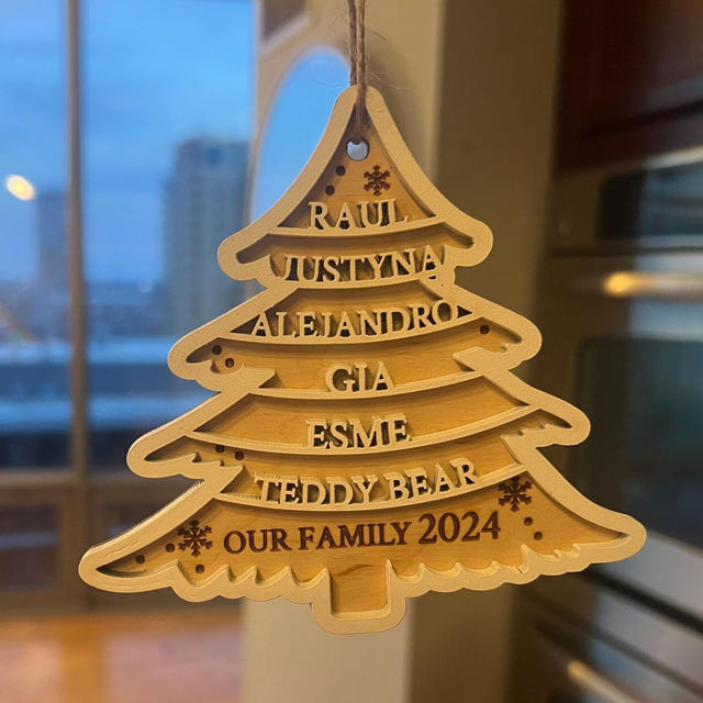Picture of Personalized Tree Shaped Christmas Ornament - Family Christmas Ornament with Names - Wood Christmas Tree Ornament