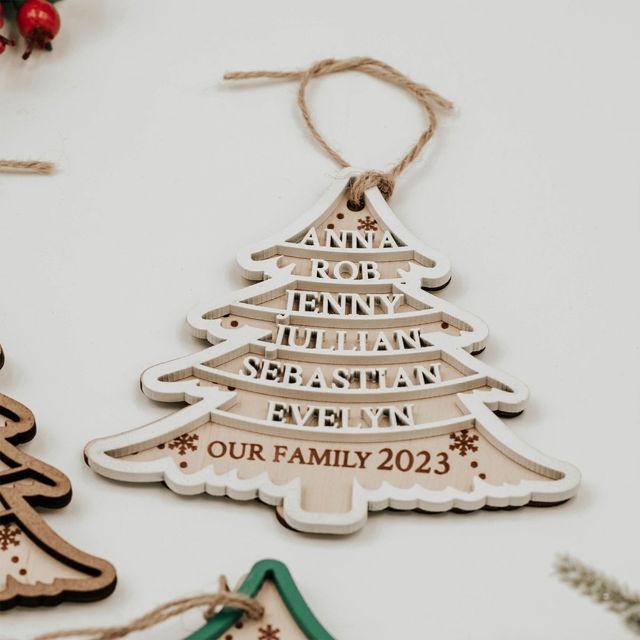 Picture of Personalized Tree Shaped Christmas Ornament - Family Christmas Ornament with Names - Wood Christmas Tree Ornament