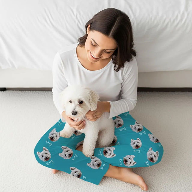 Picture of Custom Pajama Pants with Pets Face and Name - Personalised Pajama bottoms with Faces