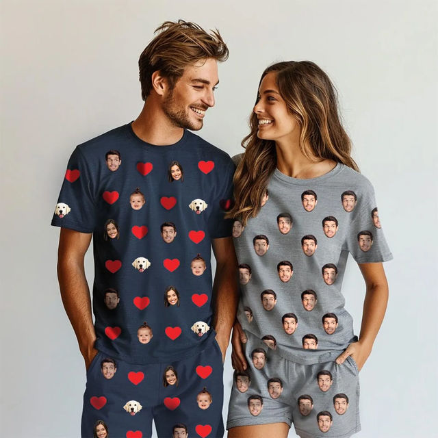 Picture of Custom Cozy Short Sleeves Face Pajamas Full Set - Personalised Unisex Summer Pajama Gift Sets