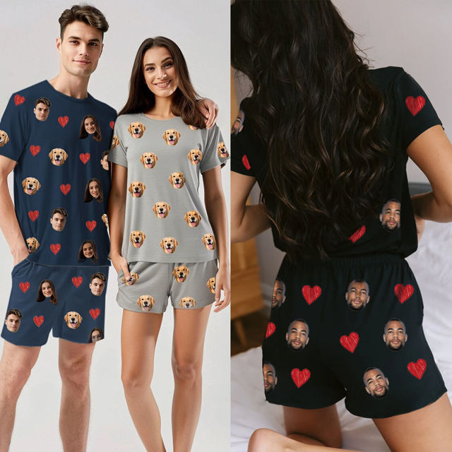 Picture of Custom Cozy Short Sleeves Face Pajamas Full Set - Personalised Unisex Summer Pajama Gift Sets