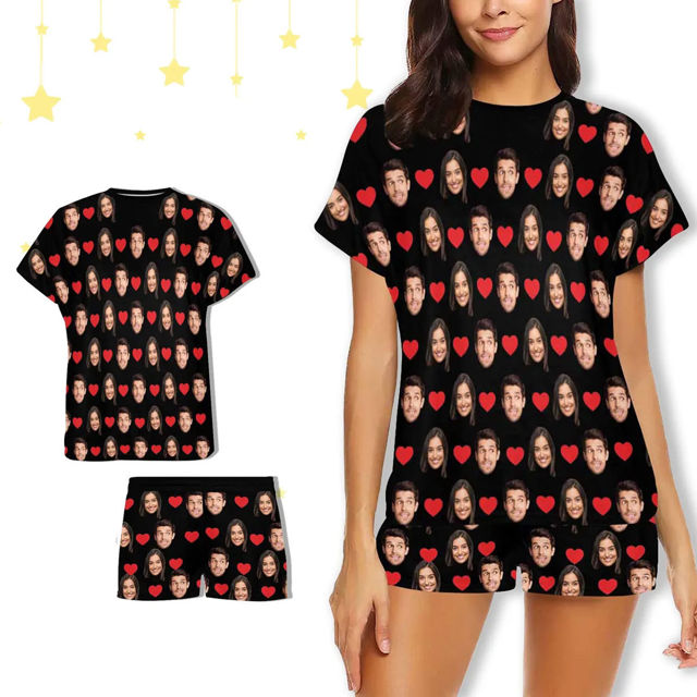 Picture of Custom Cozy Short Sleeves Face Pajamas Full Set - Personalised Unisex Summer Pajama Gift Sets