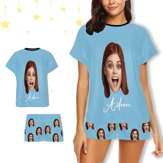 Picture of Custom Cozy Short Sleeves Face Pajamas Full Set - Personalised Unisex Summer Pajama Gift Sets